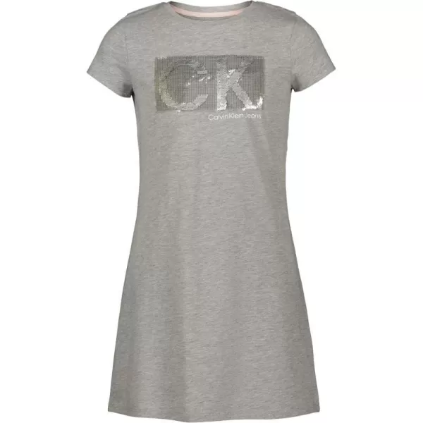 Calvin Klein Girls Short Sleeve TShirt Dress Pullover Style with CrewNeck Neckline Logo DetailingLight Grey Sequins