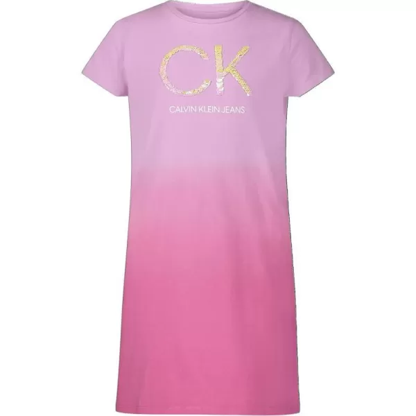 Calvin Klein Girls Short Sleeve TShirt Dress Pullover Style with CrewNeck Neckline Logo DetailingOrchid Dip Dye