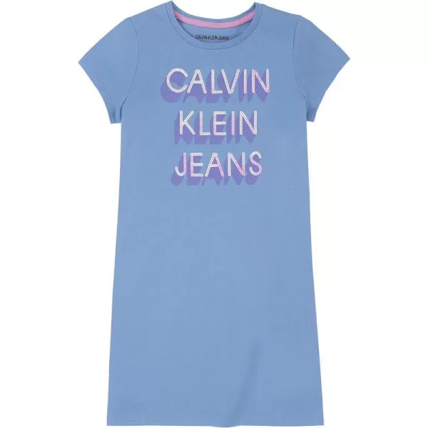 Calvin Klein Girls Short Sleeve TShirt Dress Pullover Style with CrewNeck Neckline Logo DetailingPeriwinkle Logo