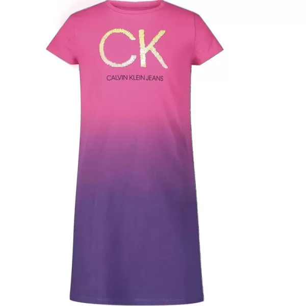 Calvin Klein Girls Short Sleeve TShirt Dress Pullover Style with CrewNeck Neckline Logo DetailingPink Pop Dip Dye