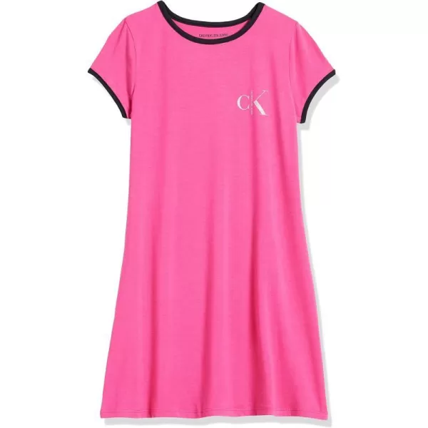 Calvin Klein Girls Short Sleeve TShirt Dress Pullover Style with CrewNeck Neckline Logo DetailingPink Pop Ringer