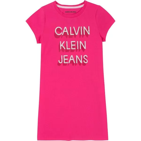 Calvin Klein Girls Short Sleeve TShirt Dress Pullover Style with CrewNeck Neckline Logo DetailingPink Poppy Logo