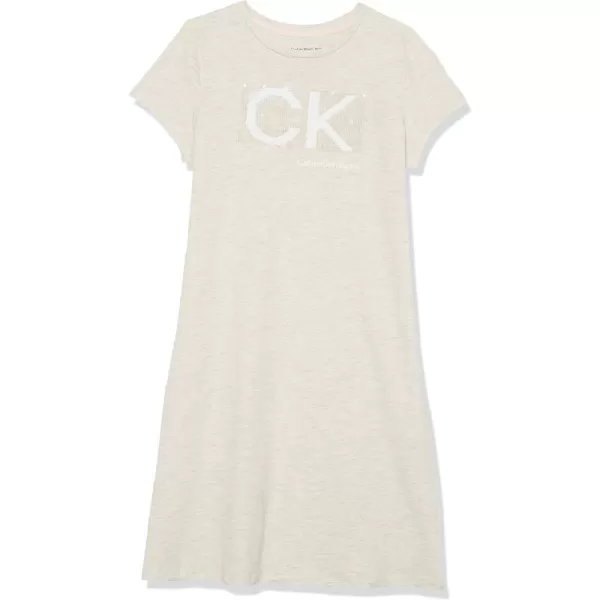 Calvin Klein Girls Short Sleeve TShirt Dress Pullover Style with CrewNeck Neckline Logo DetailingPutty Beige Sequins