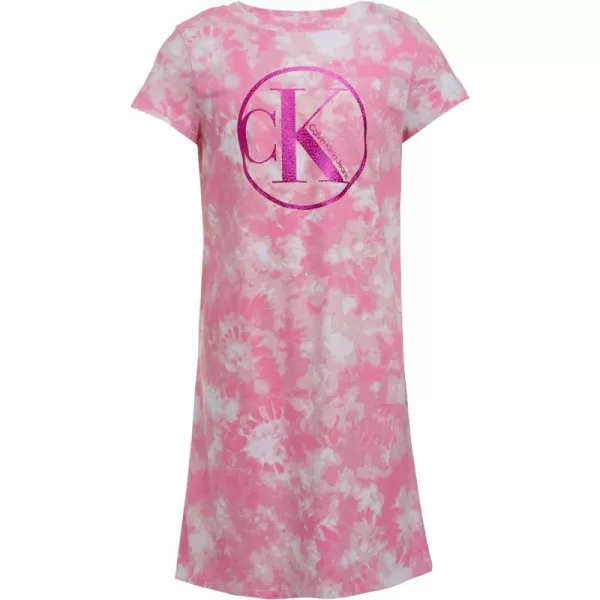 Calvin Klein Girls Short Sleeve TShirt Dress Pullover Style with CrewNeck Neckline Logo DetailingRose Violet Dye