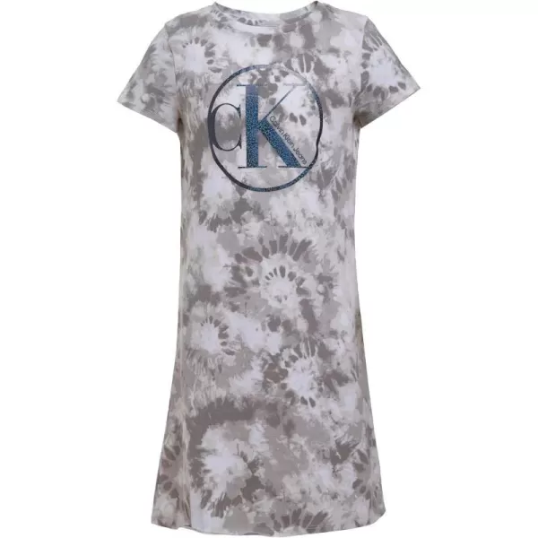 Calvin Klein Girls Short Sleeve TShirt Dress Pullover Style with CrewNeck Neckline Logo DetailingWhite Dye