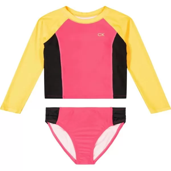 Calvin Klein Girls TwoPiece Rashguard Swimsuit Set with UPF 50 Sun ProtectionPink Colorblock