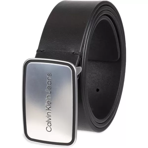 Calvin Klein Mens Casual Statement Plaque Buckle Belt with Logo TreatmentBlack Plaque