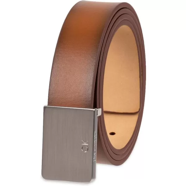 Calvin Klein Mens Casual Statement Plaque Buckle Belt with Logo TreatmentCognac Plaque