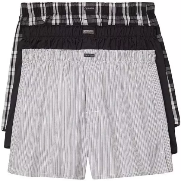 Calvin Klein Mens Cotton Classics 3Pack BoxerBlackMorgan Plaid BlackMontague Stripe Black