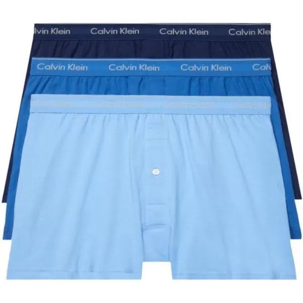 Calvin Klein Mens Cotton Classics 3Pack Knit BoxerBlue Bay Minnow Medieval Blue