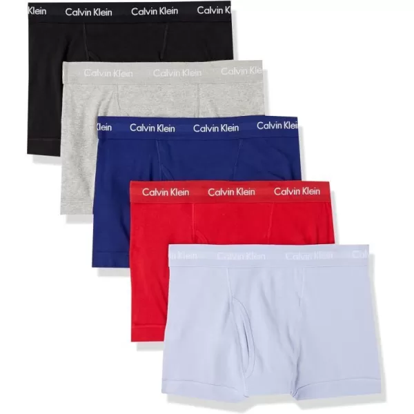 Calvin Klein Mens Cotton Classics 5Pack TrunkRustic Red Black Bayou Blue Prepster Blue Heather Grey