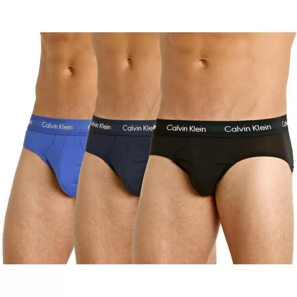 Calvin Klein Mens Cotton Stretch 3Pack Hip BriefBlackBlue ShadowCobalt Water