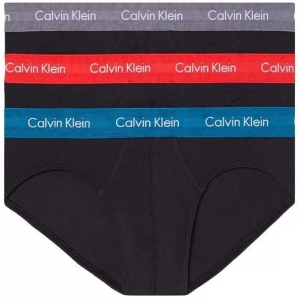 Calvin Klein Mens Cotton Stretch 3Pack Hip BriefBlackGrey SmokeFlame ScarletCorsair