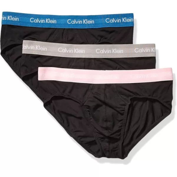 Calvin Klein Mens Cotton Stretch 3Pack Hip BriefBlackWet WeatherPrairie PinkTempe Blue