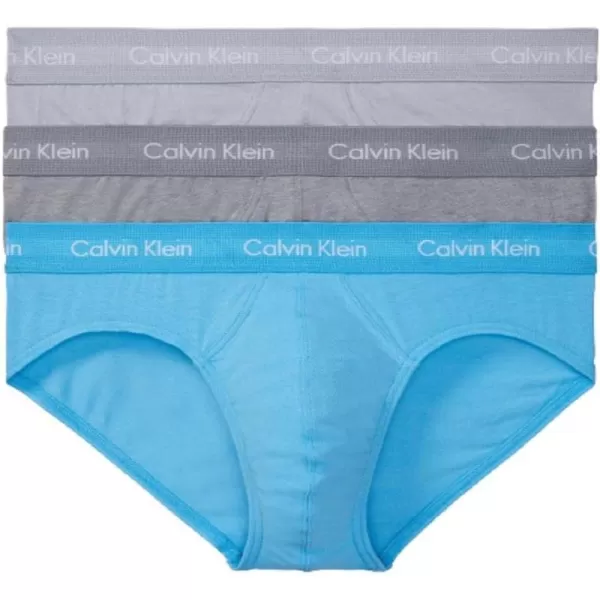 Calvin Klein Mens Cotton Stretch 3Pack Hip BriefStorm Cloud  Storm Heather  Signature Blue