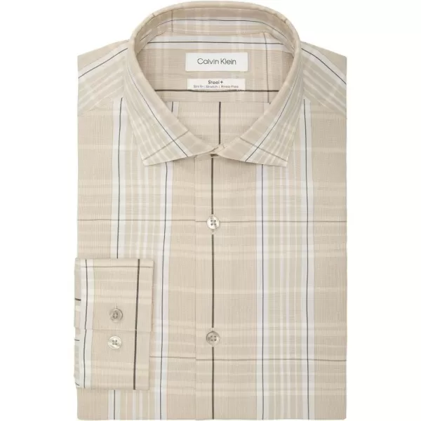 Calvin Klein Mens Dress Shirt Non Iron Stretch Slim Fit CheckMulti Taupe