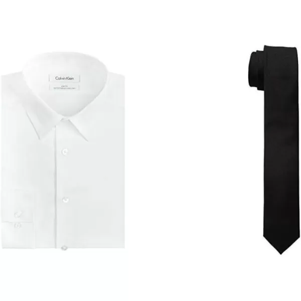 Calvin Klein Mens Dress Shirt Slim Fit Noniron HerringboneWhiteBlack Shirt Tie Combo Shirt Skinny Tie Combo