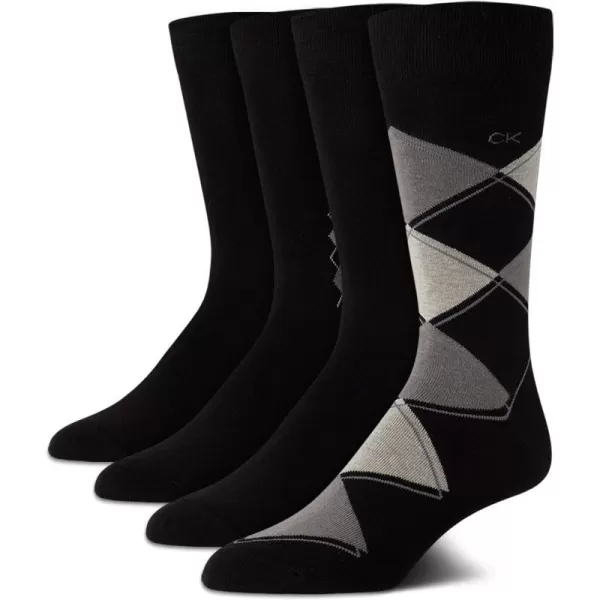 Calvin Klein Mens Dress Socks  Cotton Blend Crew Socks Patterns and Solids 4 PackBlack Argyle