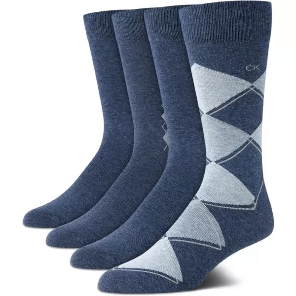 Calvin Klein Mens Dress Socks  Cotton Blend Crew Socks Patterns and Solids 4 PackBlue Argyle