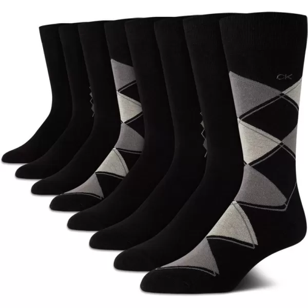 Calvin Klein Mens Dress Socks  Lightweight Cotton Blend Crew Socks 8 PackBlack Argyle