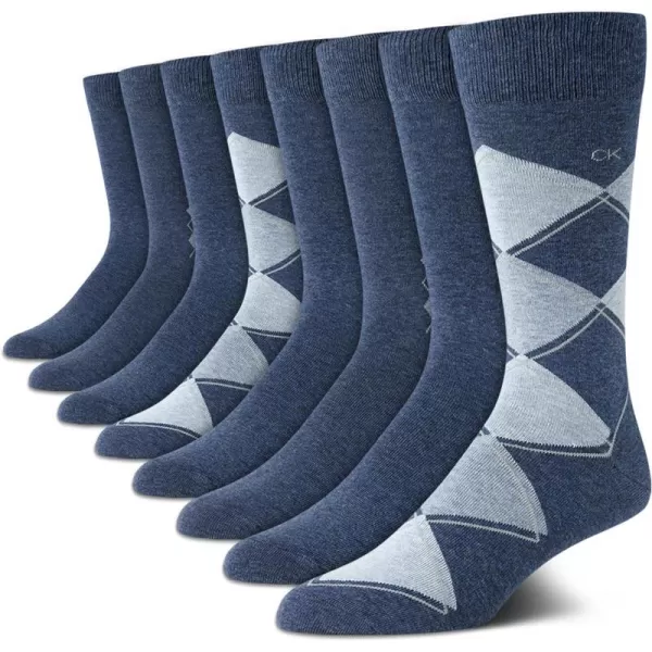 Calvin Klein Mens Dress Socks  Lightweight Cotton Blend Crew Socks 8 PackBlue Argyle