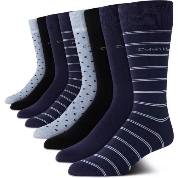 Calvin Klein Mens Dress Socks  Lightweight Cotton Blend Crew Socks 8 PackBlue Pattern