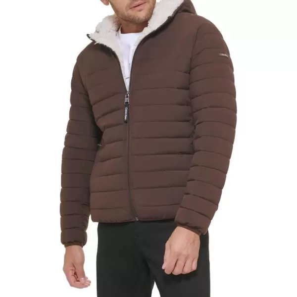 Calvin Klein Mens Hooded Down Jacket Quilted Coat Sherpa LinedBrown Camel