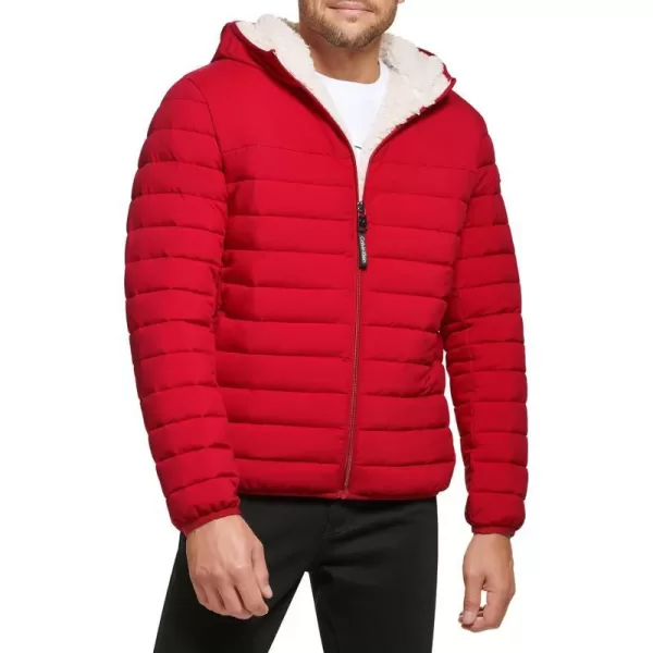 Calvin Klein Mens Hooded Down Jacket Quilted Coat Sherpa LinedDeep Red