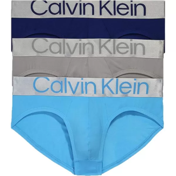 Calvin Klein Mens Reconsidered Steel Micro 3Pack Hip BriefMidnight Blue Signature Blue Clay Grey