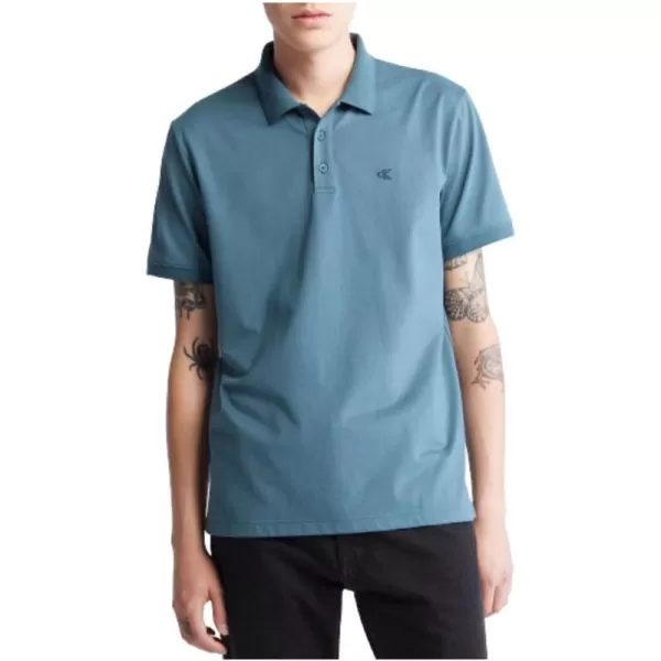 Calvin Klein Mens Smooth Cotton Monogram Logo Polo ShirtBlue Lake