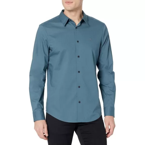 Calvin Klein Mens Stretch Cotton Monogram Logo Button Down ShirtBlue Lake