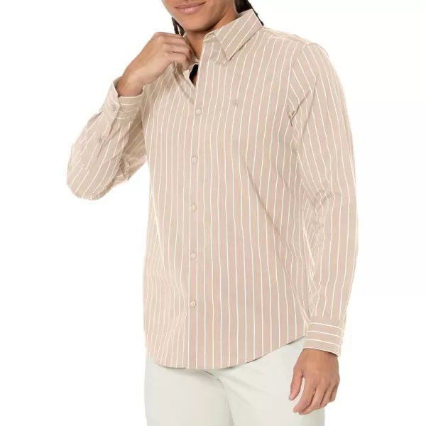 Calvin Klein Mens Stretch Cotton Monogram Logo Stripe Button Down ShirtUnbleached