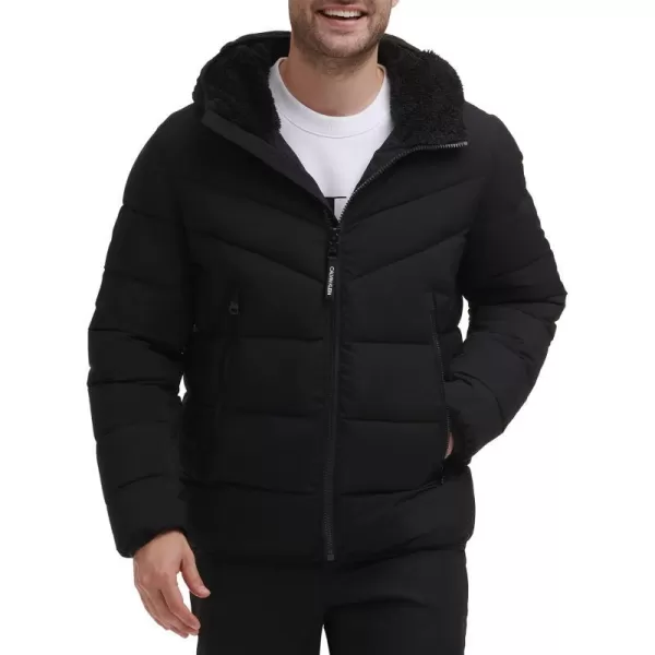 Calvin Klein Mens Winter CoatPuffer Stretch Jacket with Sherpa HoodEbony