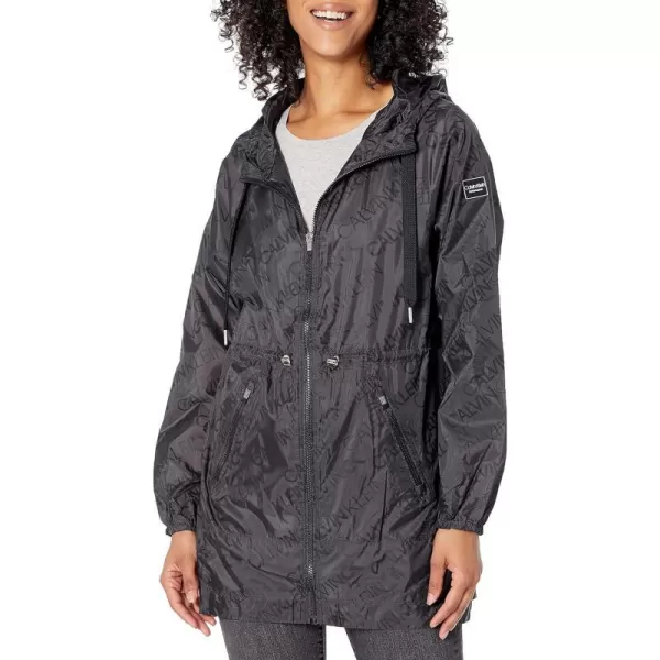 Calvin Klein Performance Womens Logo Print High Low Hem Hooded Jacket with Adjustable Bungee Waist and Zip PocketsBlack Combo