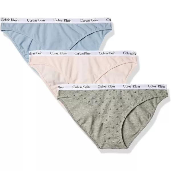 Calvin Klein Womens Carousel Logo Cotton Stretch Bikini Panties 3 PackNymphs ThighBlue FogAllover Mini Ckgrey Heather