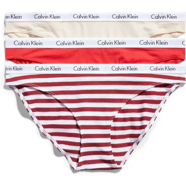 Calvin Klein Womens Carousel Logo Cotton Stretch Bikini Panties 3 PackTapiocaExactRainer Stripe Red Carpet