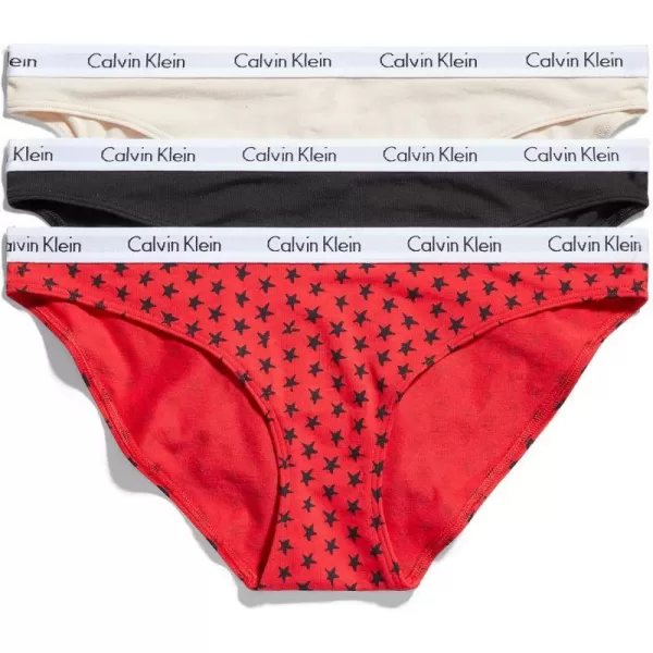 Calvin Klein Womens Carousel Logo Cotton Stretch Bikini Panties 3 PackTapiocaStar Stamp Exact RedBlack