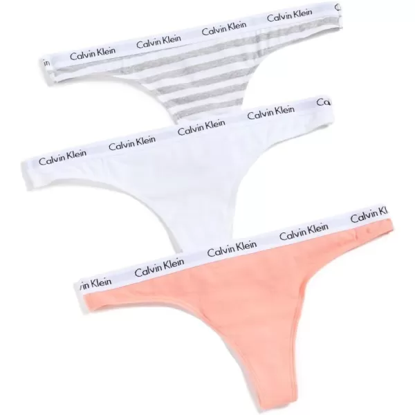 Calvin Klein Womens Carousel Logo Cotton Thong Multipack Panty3 Mellow OrangeWhiteRainer Stripe Grey Heather