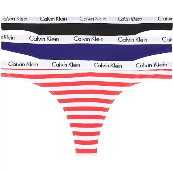 Calvin Klein Womens Carousel Logo Cotton Thong Multipack PantyRainer Stripe Strawberry ShakeRoyaltyBlack