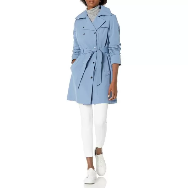 Calvin Klein Womens Double Breasted Belted Rain Jacket with Removable HoodBlue Dusk