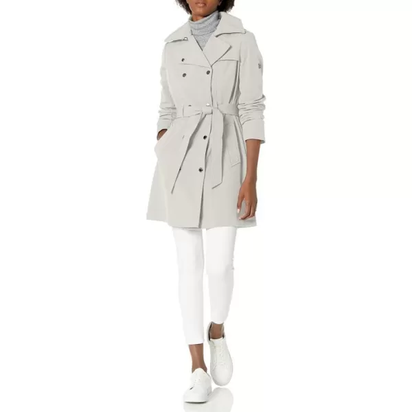 Calvin Klein Womens Double Breasted Belted Rain Jacket with Removable HoodCement