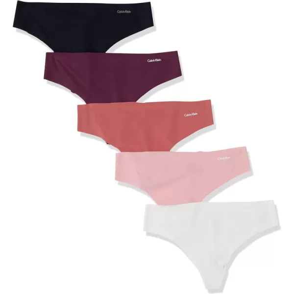 Calvin Klein Womens Invisibles Seamless Thong Panties 5 PackBright WhiteLittle RoseyRaspberry BlushRhoneBlack