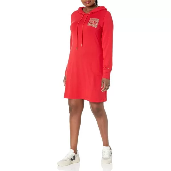 Calvin Klein Womens Long Sleeve Hoodie DressFiery RedGold