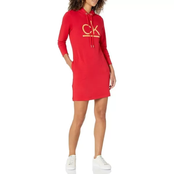 Calvin Klein Womens Long Sleeve Hoodie DressRedGold