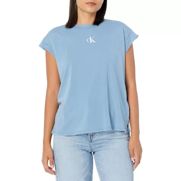 Calvin Klein Womens Minimal Logo Short Sleeve Tee Cut ShirtStormy Blue