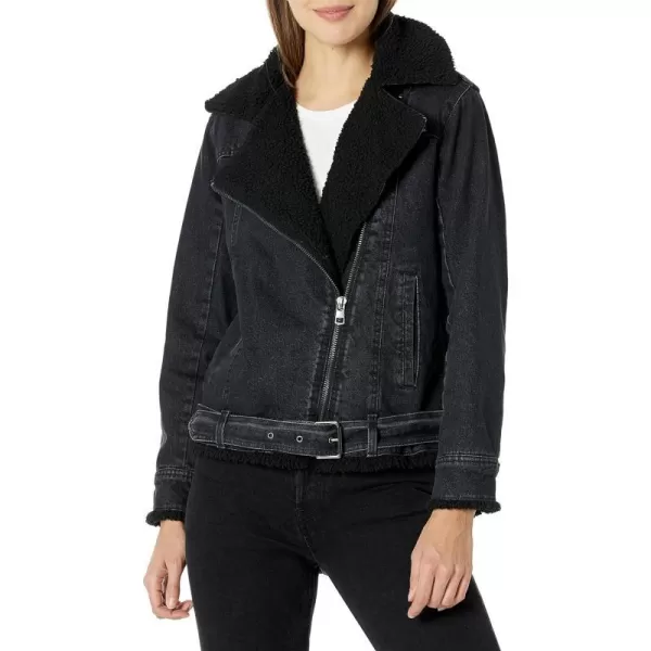 Calvin Klein Womens Oversized Belted Moto with Sherpa Denim JacketFalcon Black