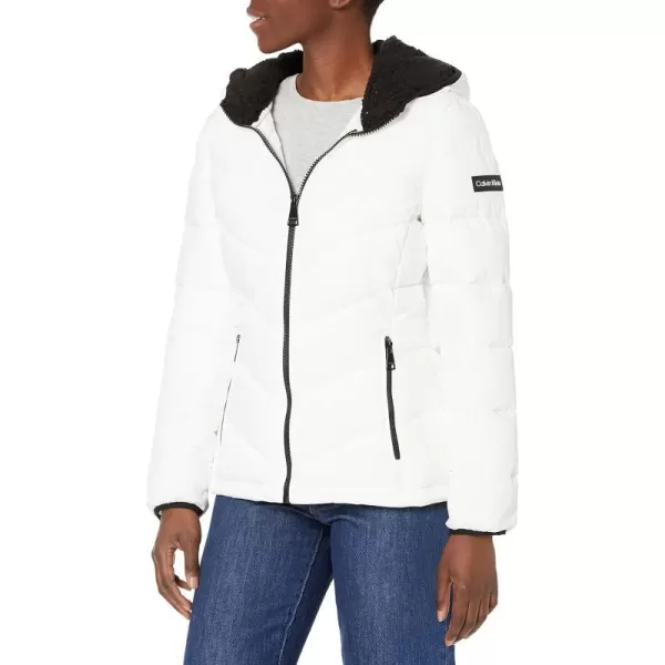 Calvin Klein Womens Quilted Down Jacket with Removable Faux Fur Trimmed HoodWhite