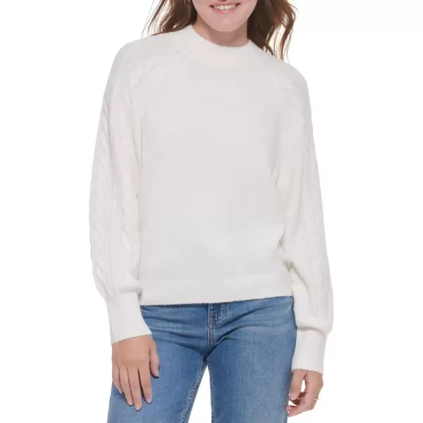 Calvin Klein Womens Round Neck Sweater with Cable Knit SleeveMascarpone