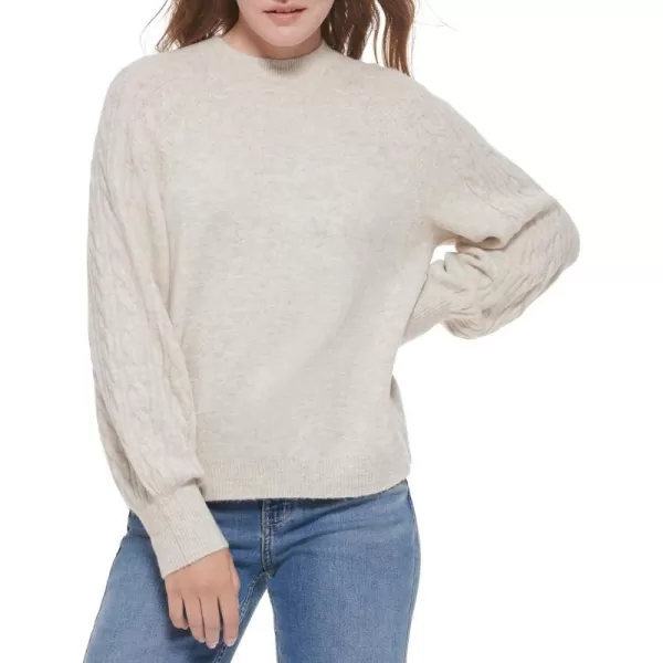 Calvin Klein Womens Round Neck Sweater with Cable Knit SleeveMocha Heather