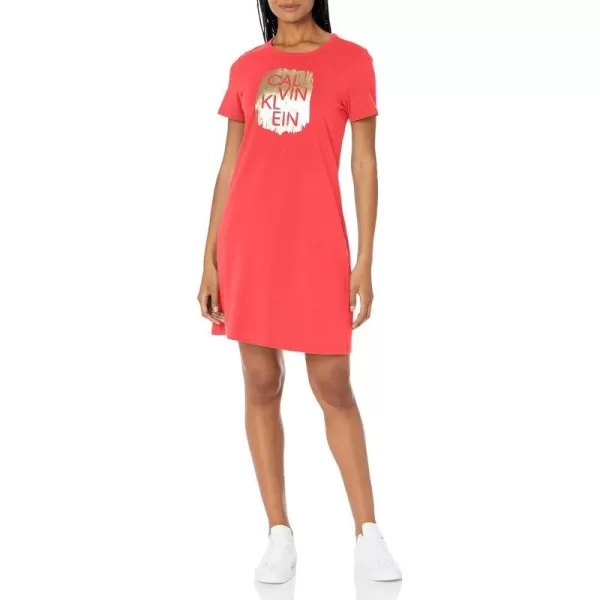 Calvin Klein Womens Short Sleeve Logo TShirt DressWatermelonGold